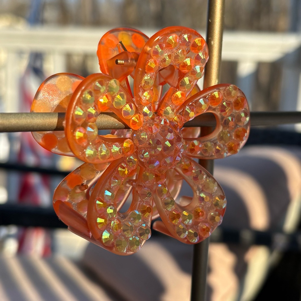 Handmade Orange Rhinestone Flower Hair Clip - Picture 4 of 4